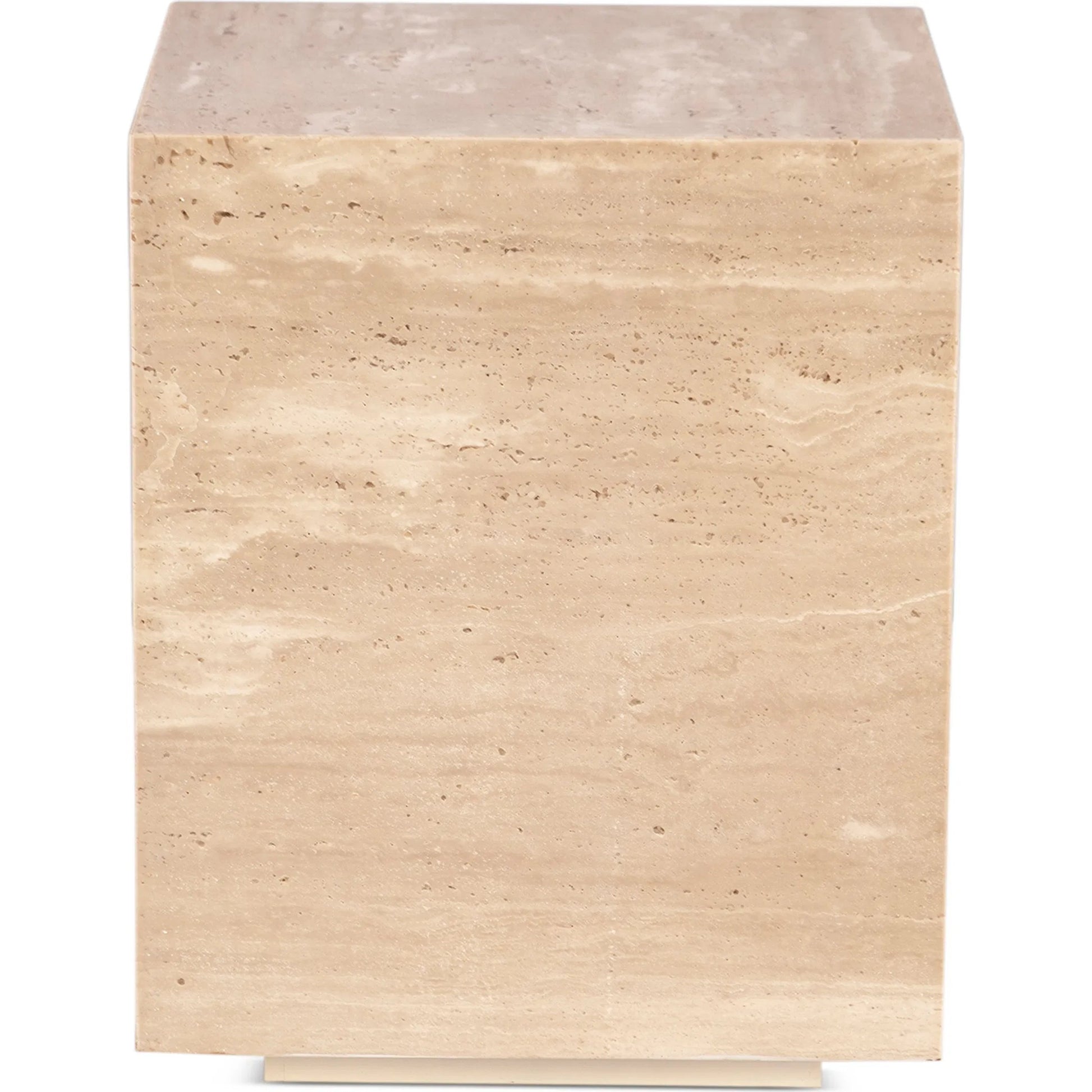 Giza 18" Drum Side Table by World Interiors in tan and travertine. Made from reclaimed iron travertine stone in a unique style.