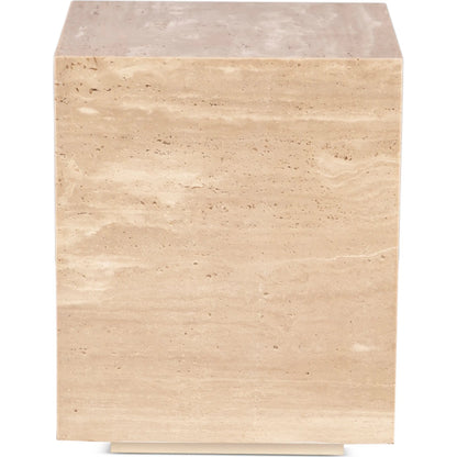 Giza 18" Drum Side Table by World Interiors in tan and travertine. Made from reclaimed iron travertine stone in a unique style.