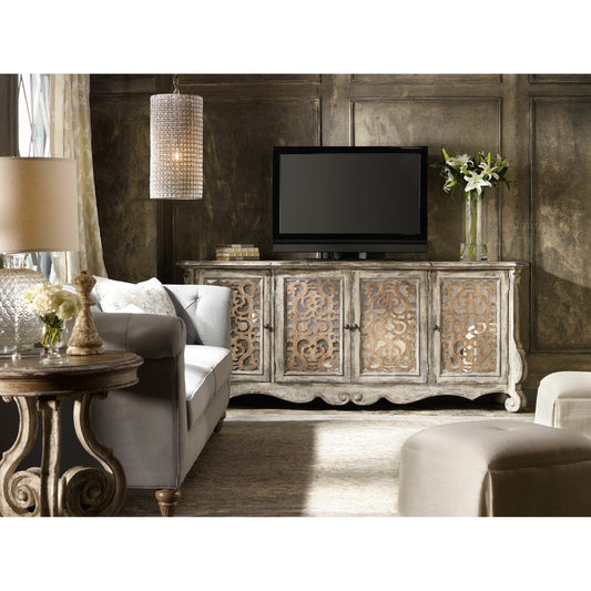 Chatelet Credenza by Hooker Furniture in caramel froth, paris vintage. Made from pecan veneers, resin in a traditional style.