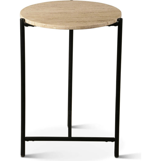 Charleston 18" Side Table by World Interiors in beige, black and natural, matte black. Made from iron, travertine stone in a unique style.