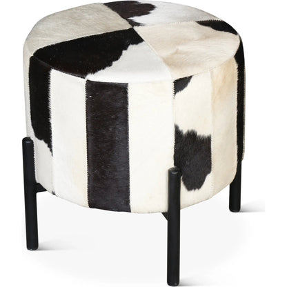 Charleston 20" Stool by World Interiors in tan, white and powder coated black. Made from hair on hide leather iron in a cottage & farmhouse style.