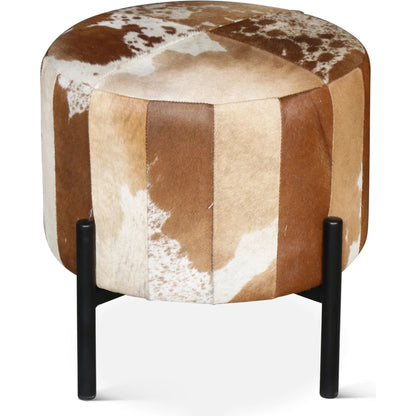 Charleston 20" Stool by World Interiors in tan, white and powder coated black. Made from hair on hide leather iron in a cottage & farmhouse style.