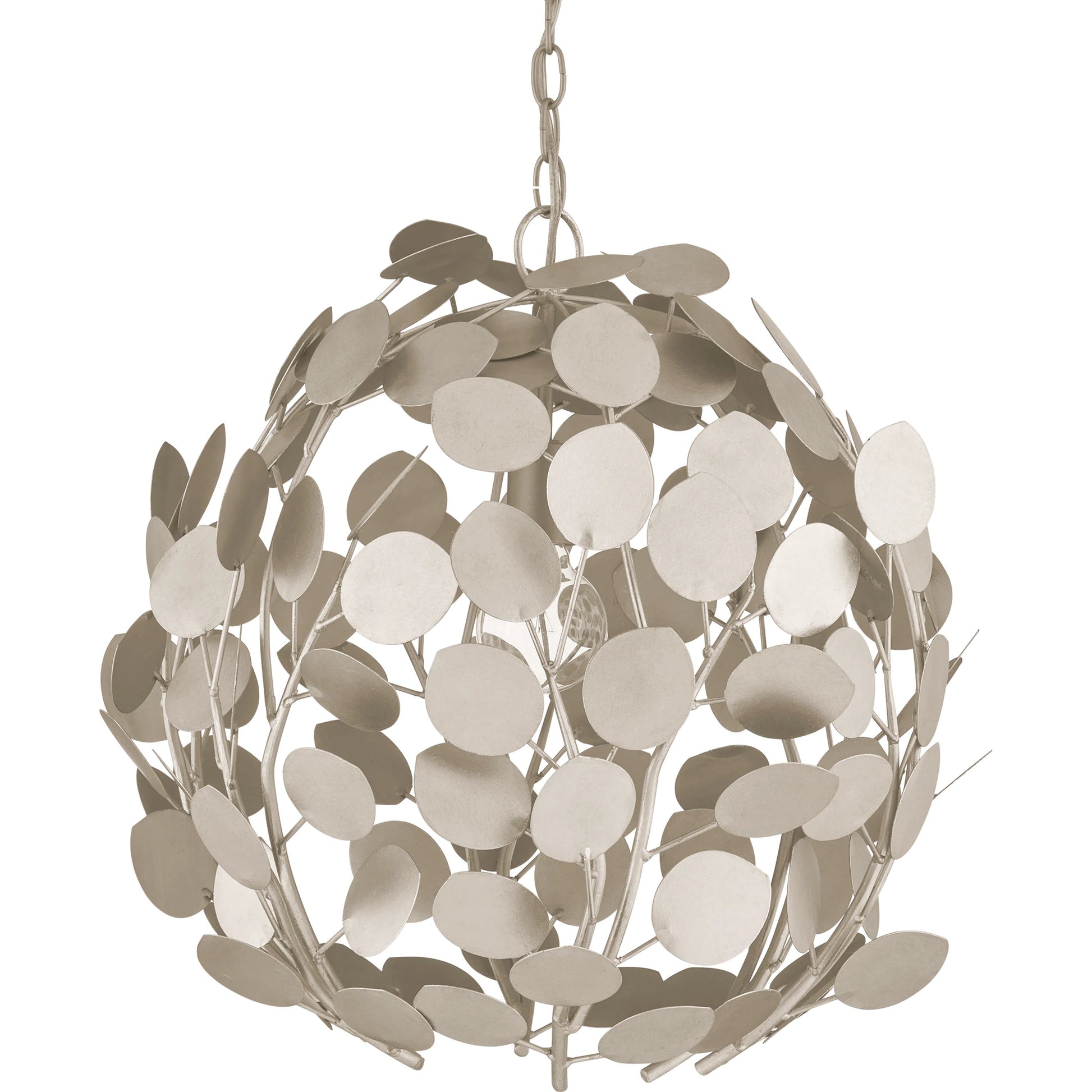 Lunaria Orb Chandelier by Currey and Company in contemporary silver leaf, contemporary silver. Made from wrought iron in a modern style.