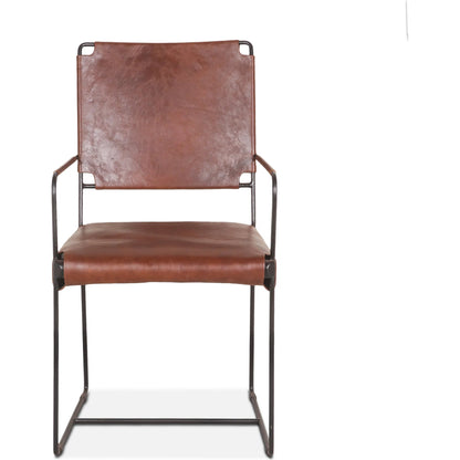 Melbourne Industrial Modern Leather Arm Chair. by World Interiors in brown and powder coated black. Made from reclaimed iron top, top grain leather in a traditional style.