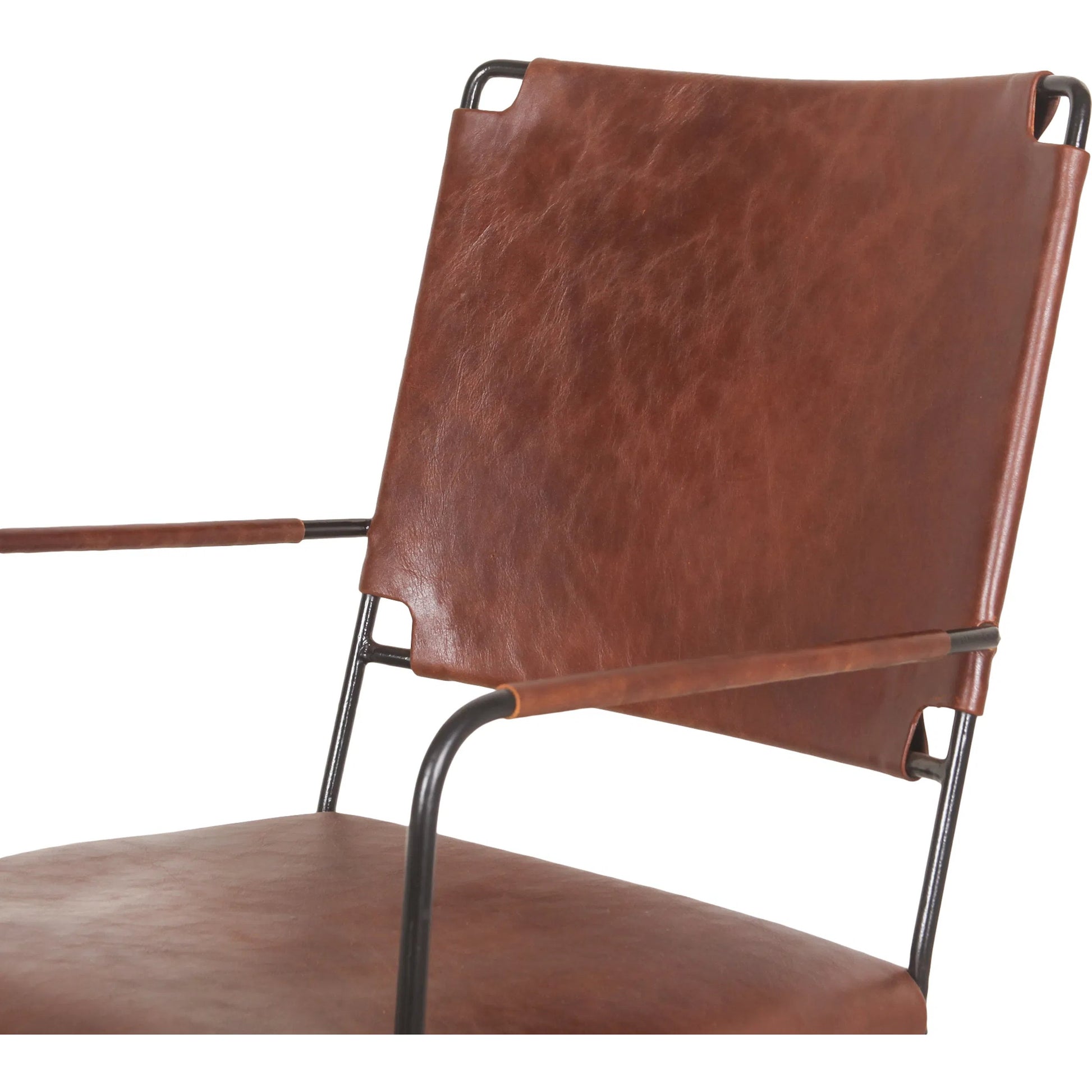 Melbourne Industrial Modern Leather Arm Chair. by World Interiors in brown and powder coated black. Made from reclaimed iron top, top grain leather in a traditional style.