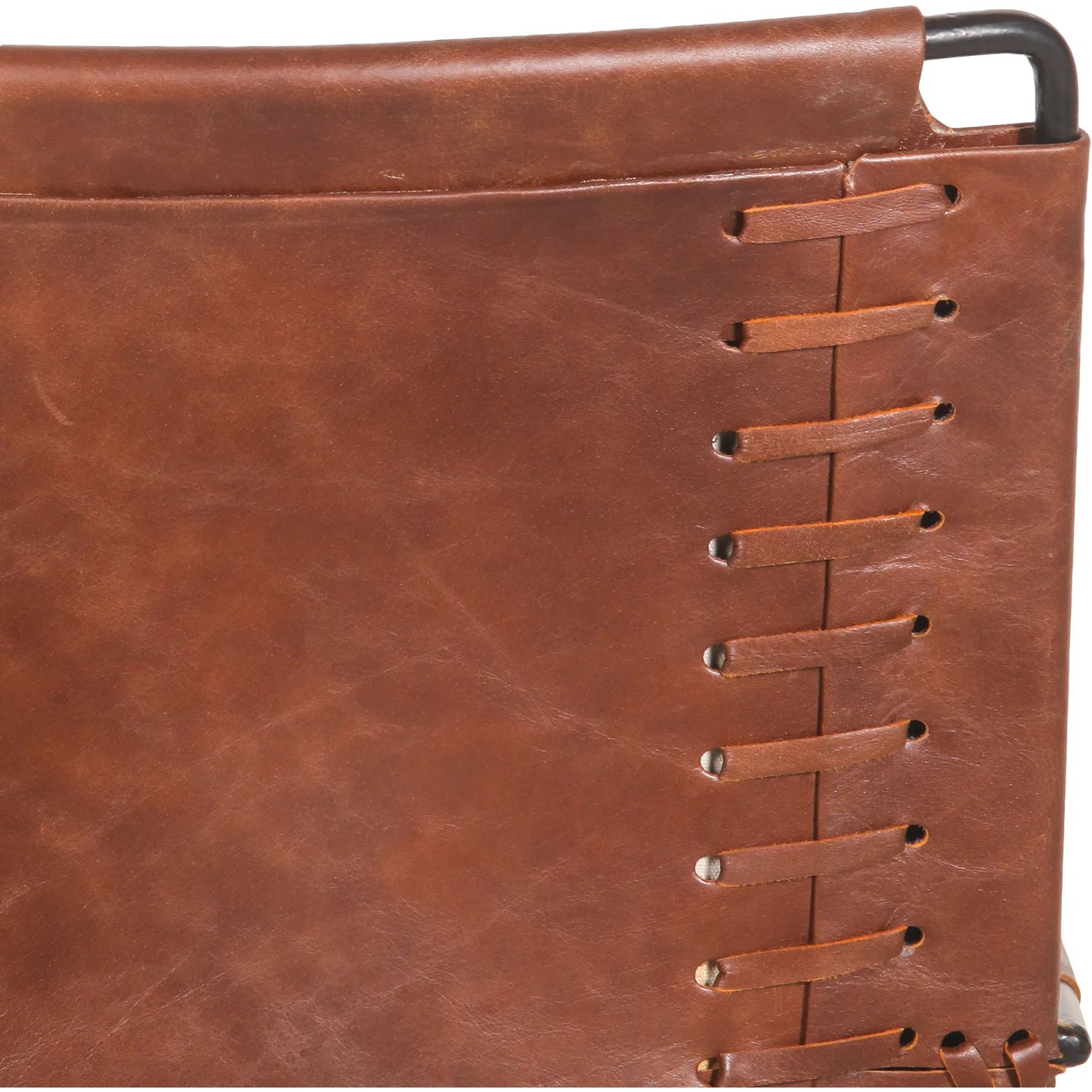 005 SI-2242967 | Closeup | Melbourne Industrial Modern Leather Arm Chair. by World Interiors in brown and powder coated black. Made from reclaimed iron top, top grain leather in a traditional style.