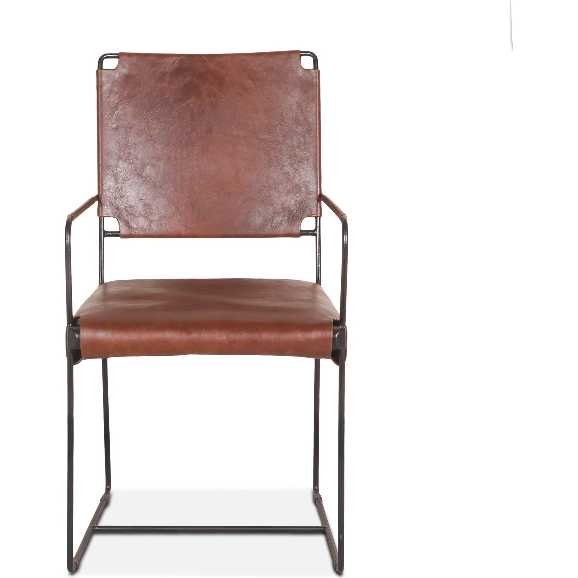Melbourne Industrial Modern Leather Arm Chair. by World Interiors in brown and powder coated black. Made from reclaimed iron top, top grain leather in a traditional style.