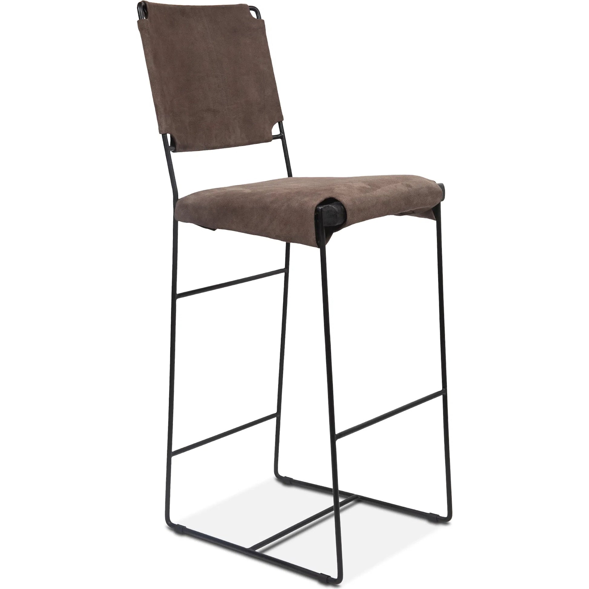 Melbourne Bar + Counter Chair by World Interiors in dark brown and black. Made from reclaimed iron, leather in a modern style.