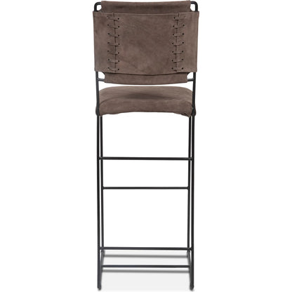 Melbourne Bar + Counter Chair by World Interiors in dark brown and black. Made from reclaimed iron, leather in a modern style.