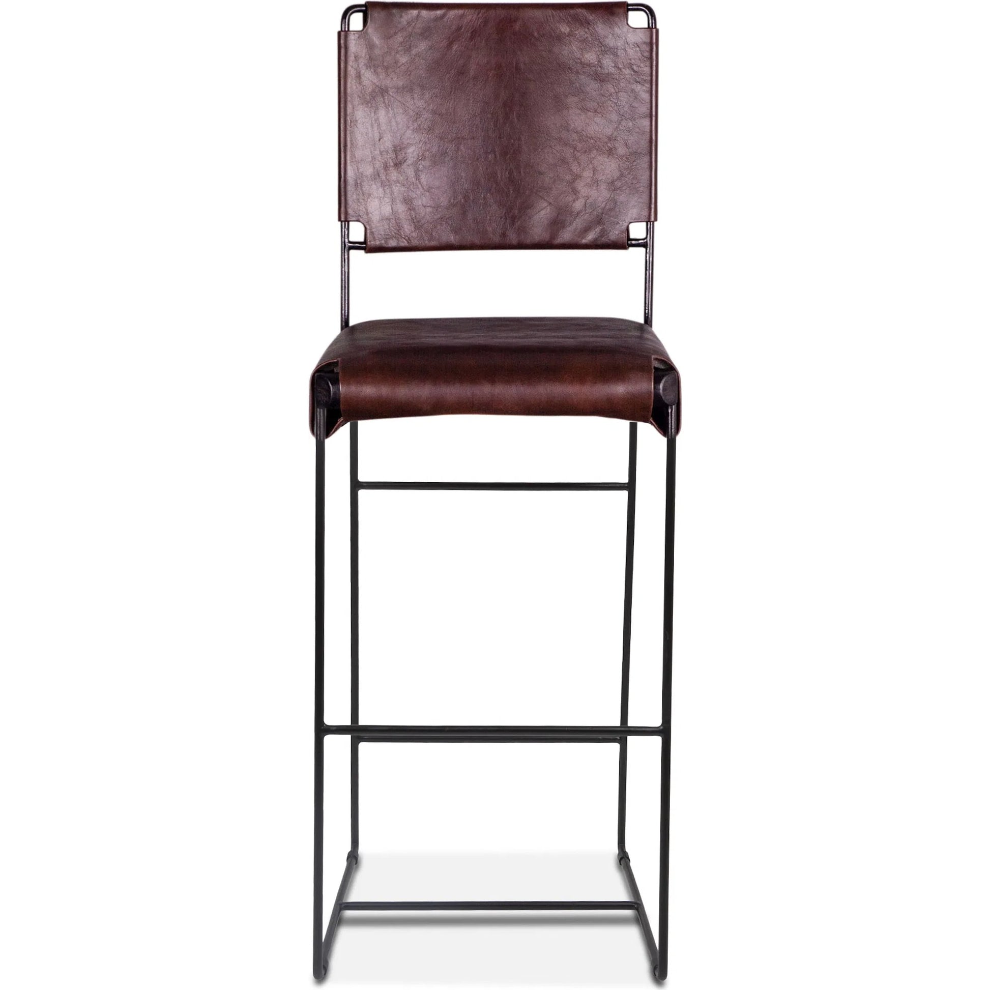 Melbourne Bar + Counter Chair by World Interiors in dark brown and black. Made from reclaimed iron, leather in a modern style.