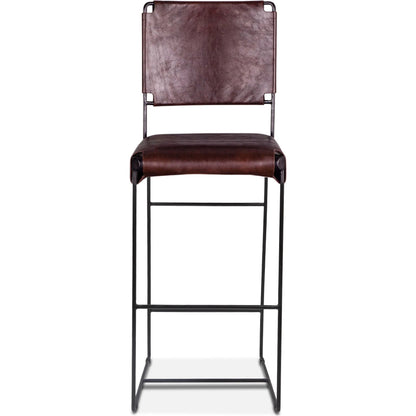 Melbourne Bar + Counter Chair by World Interiors in dark brown and black. Made from reclaimed iron, leather in a modern style.
