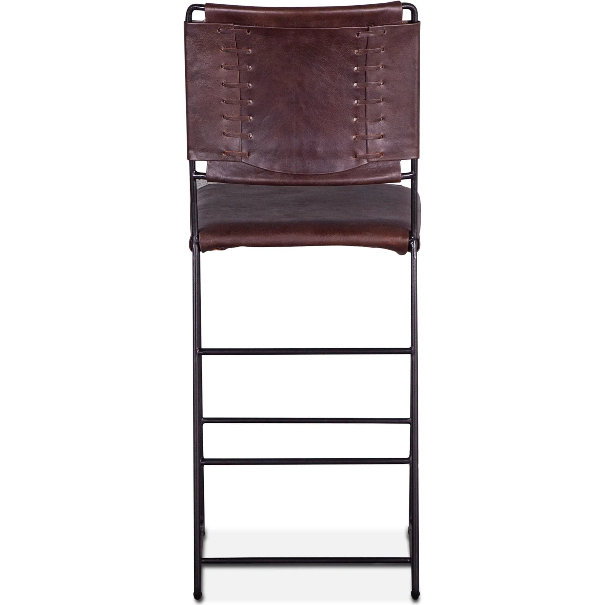 Melbourne Bar + Counter Chair by World Interiors in dark brown and black. Made from reclaimed iron, leather in a modern style.