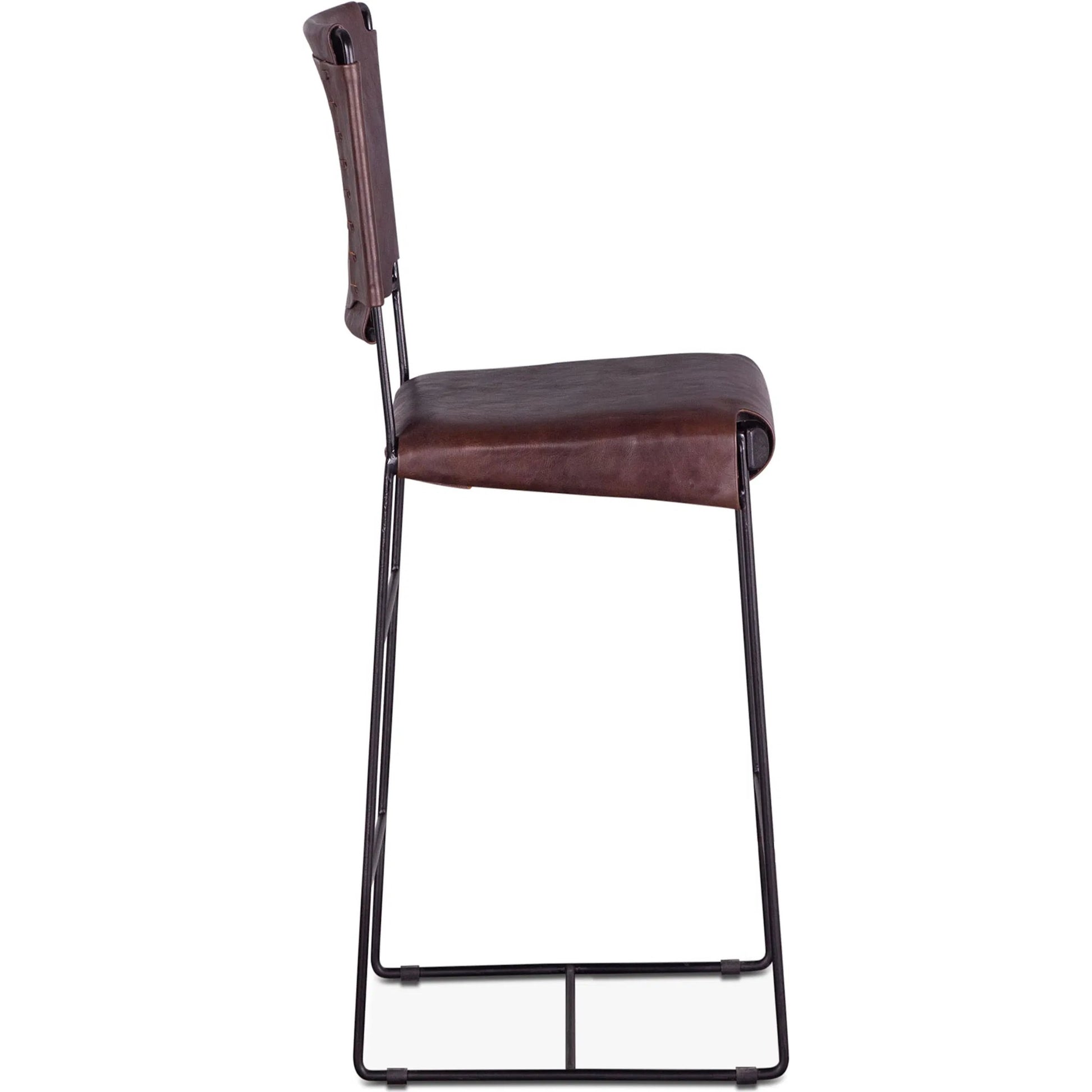 Melbourne Bar + Counter Chair by World Interiors in dark brown and black. Made from reclaimed iron, leather in a modern style.