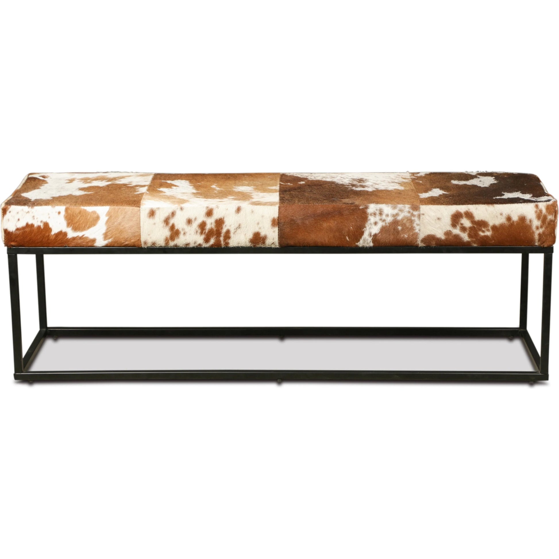 Melbourne Iron and Brown Cowhide Leather Bench by World Interiors in brown and powder coated black. Made from hair on hide leather reclaimed iron in a cottage & farmhouse style.