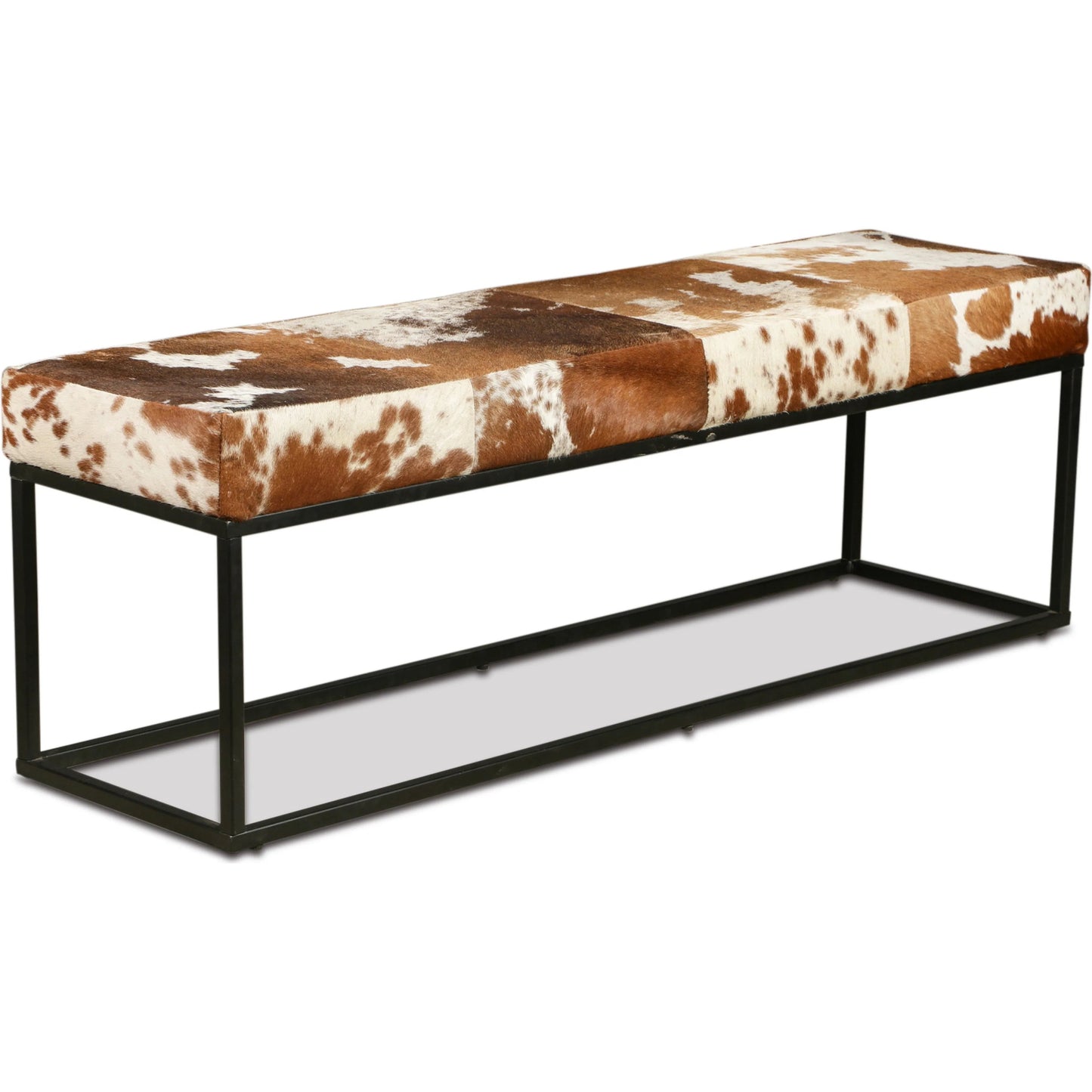 001 SI-2242971 | Primary Silo | Melbourne Iron and Brown Cowhide Leather Bench by World Interiors in brown and powder coated black. Made from hair on hide leather reclaimed iron in a cottage & farmhouse style.