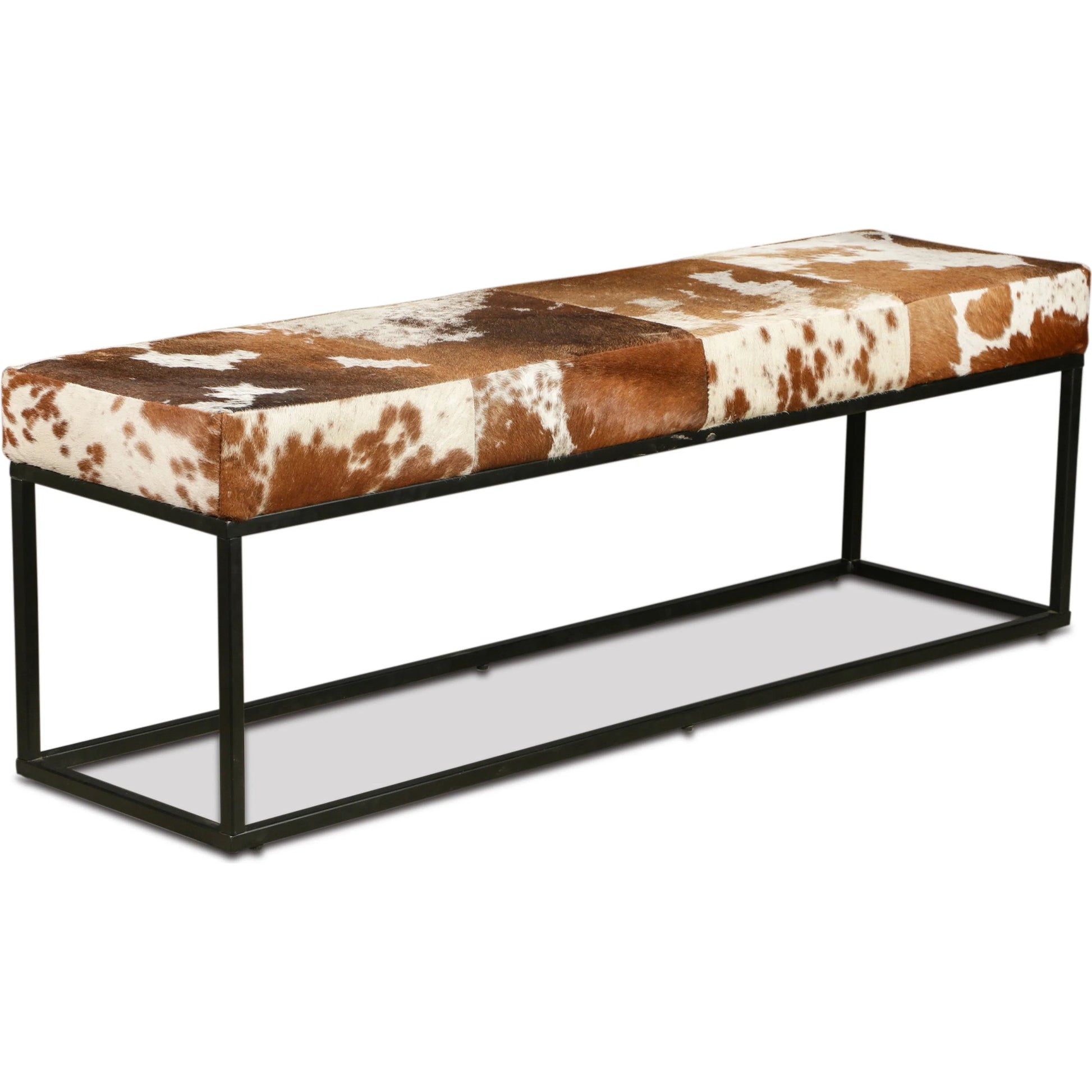 Melbourne Iron and Brown Cowhide Leather Bench by World Interiors in brown and powder coated black. Made from hair on hide leather reclaimed iron in a cottage & farmhouse style.