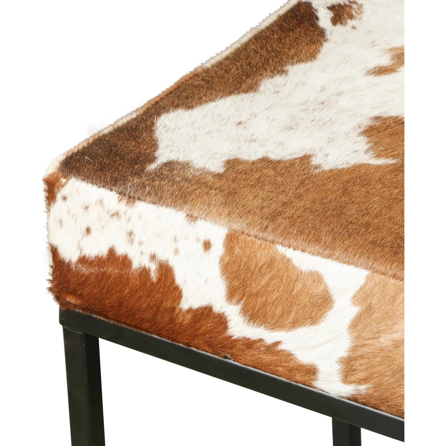 004 SI-2242971 | Closeup | Melbourne Iron and Brown Cowhide Leather Bench by World Interiors in brown and powder coated black. Made from hair on hide leather reclaimed iron in a cottage & farmhouse style.