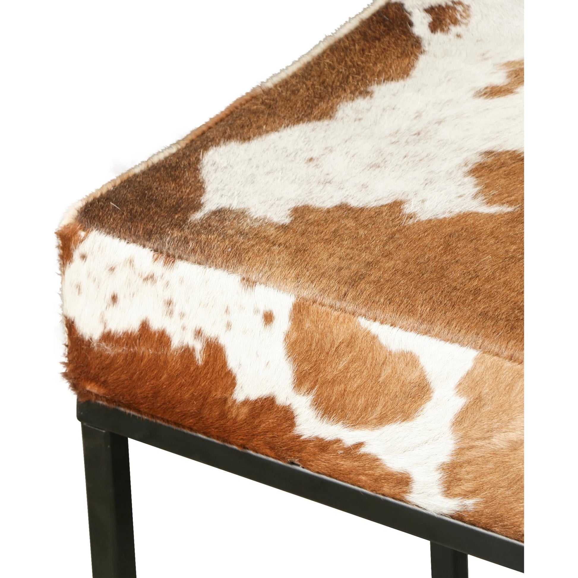 Melbourne Iron and Brown Cowhide Leather Bench by World Interiors in brown and powder coated black. Made from hair on hide leather reclaimed iron in a cottage & farmhouse style.