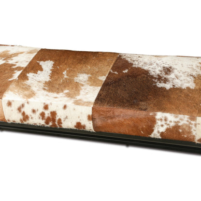 Melbourne Iron and Brown Cowhide Leather Bench by World Interiors in brown and powder coated black. Made from hair on hide leather reclaimed iron in a cottage & farmhouse style.