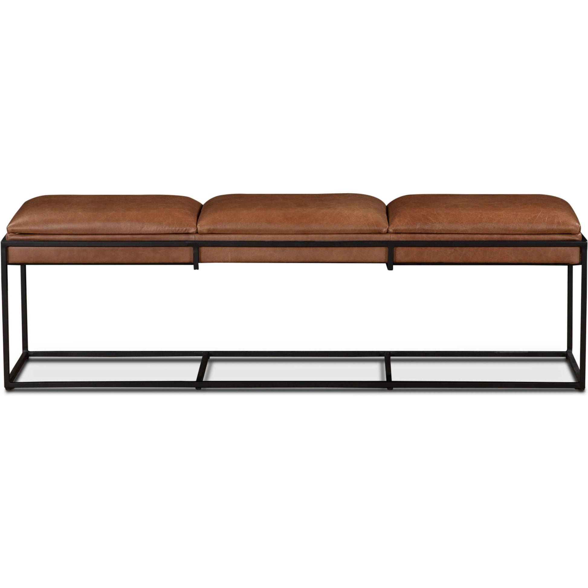 Melbourne 62" Bench by World Interiors in brown and brown, black. Made from reclaimed iron top, top grain leather in a traditional style.