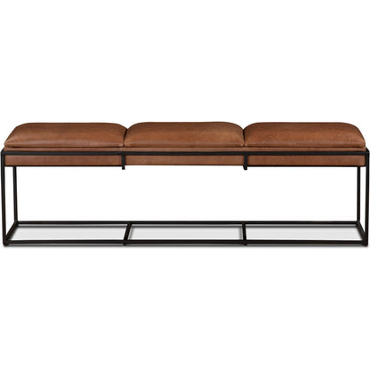Melbourne 62" Bench by World Interiors in brown and brown, black. Made from reclaimed iron top, top grain leather in a traditional style.