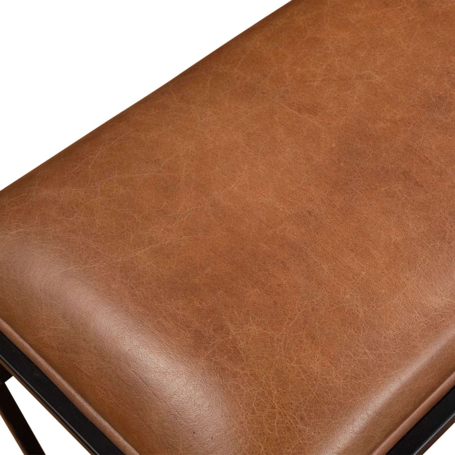005 SI-2242954 | Closeup | Melbourne 62" Bench by World Interiors in brown and brown, black. Made from reclaimed iron top, top grain leather in a traditional style.