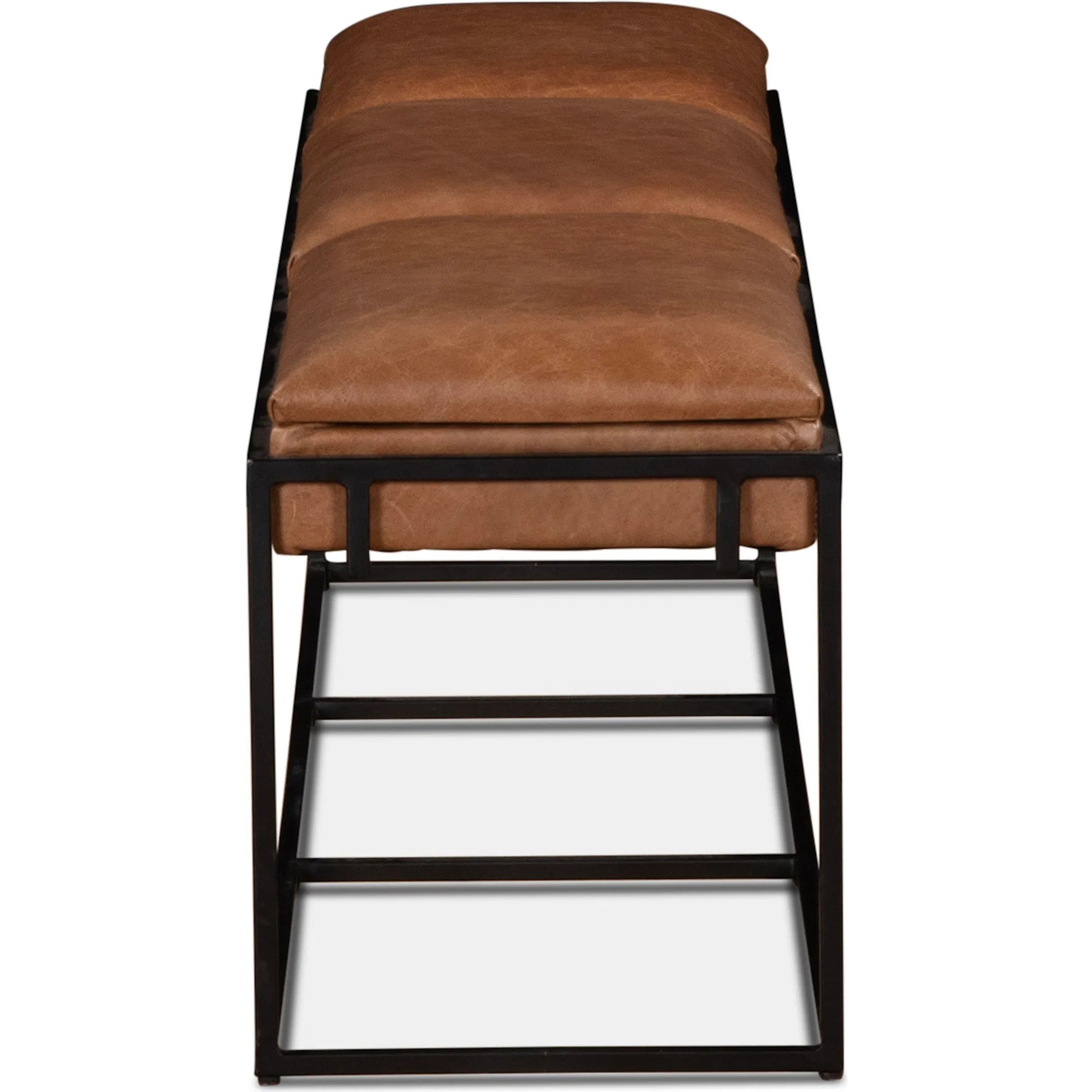 Melbourne 62" Bench by World Interiors in brown and brown, black. Made from reclaimed iron top, top grain leather in a traditional style.