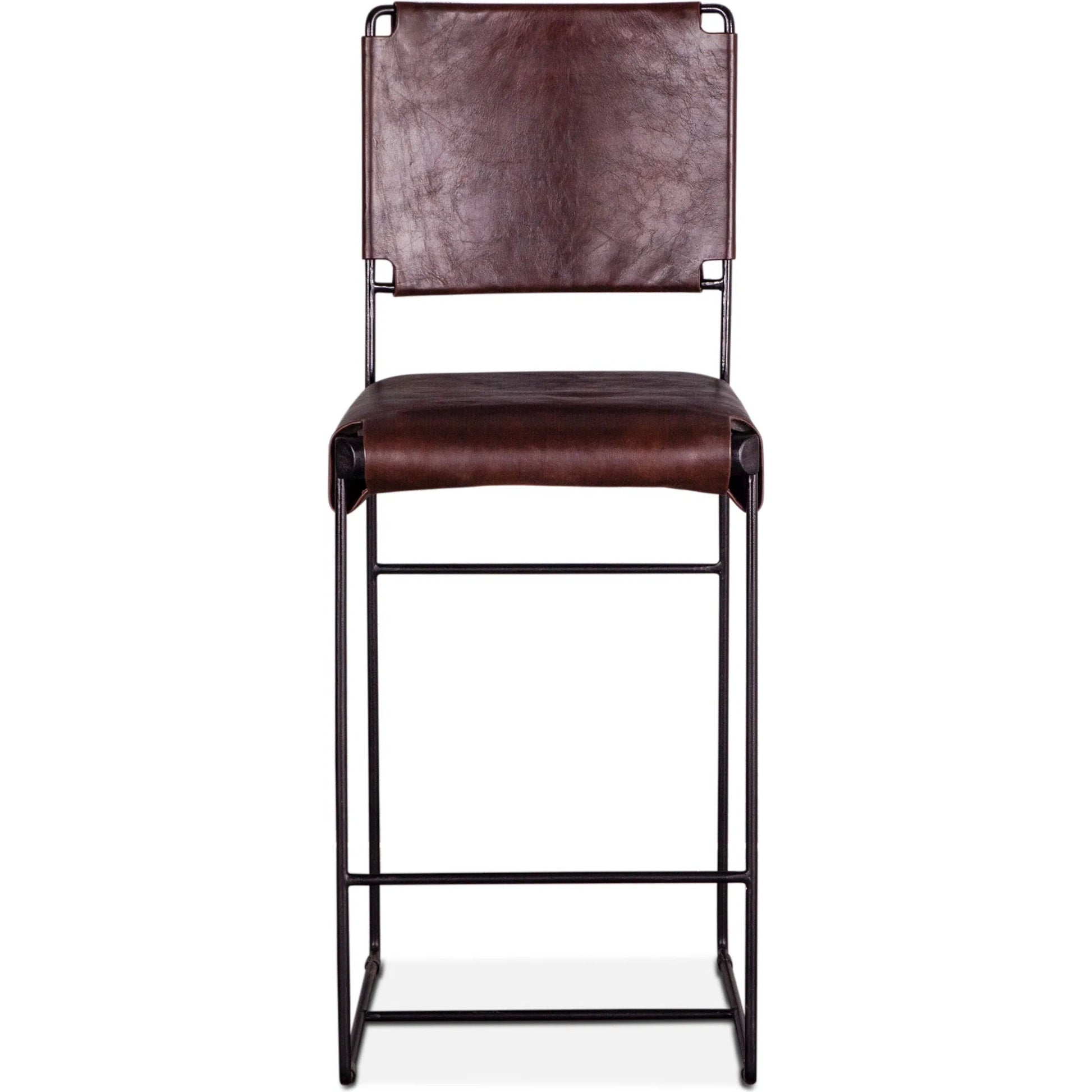 Melbourne Bar + Counter Chair by World Interiors in dark brown and black. Made from reclaimed iron, leather in a modern style.