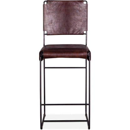 Melbourne Bar + Counter Chair by World Interiors in dark brown and black. Made from reclaimed iron, leather in a modern style.
