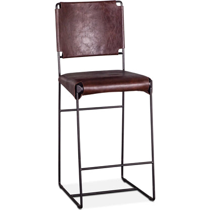 Melbourne Bar + Counter Chair by World Interiors in dark brown and black. Made from reclaimed iron, leather in a modern style.