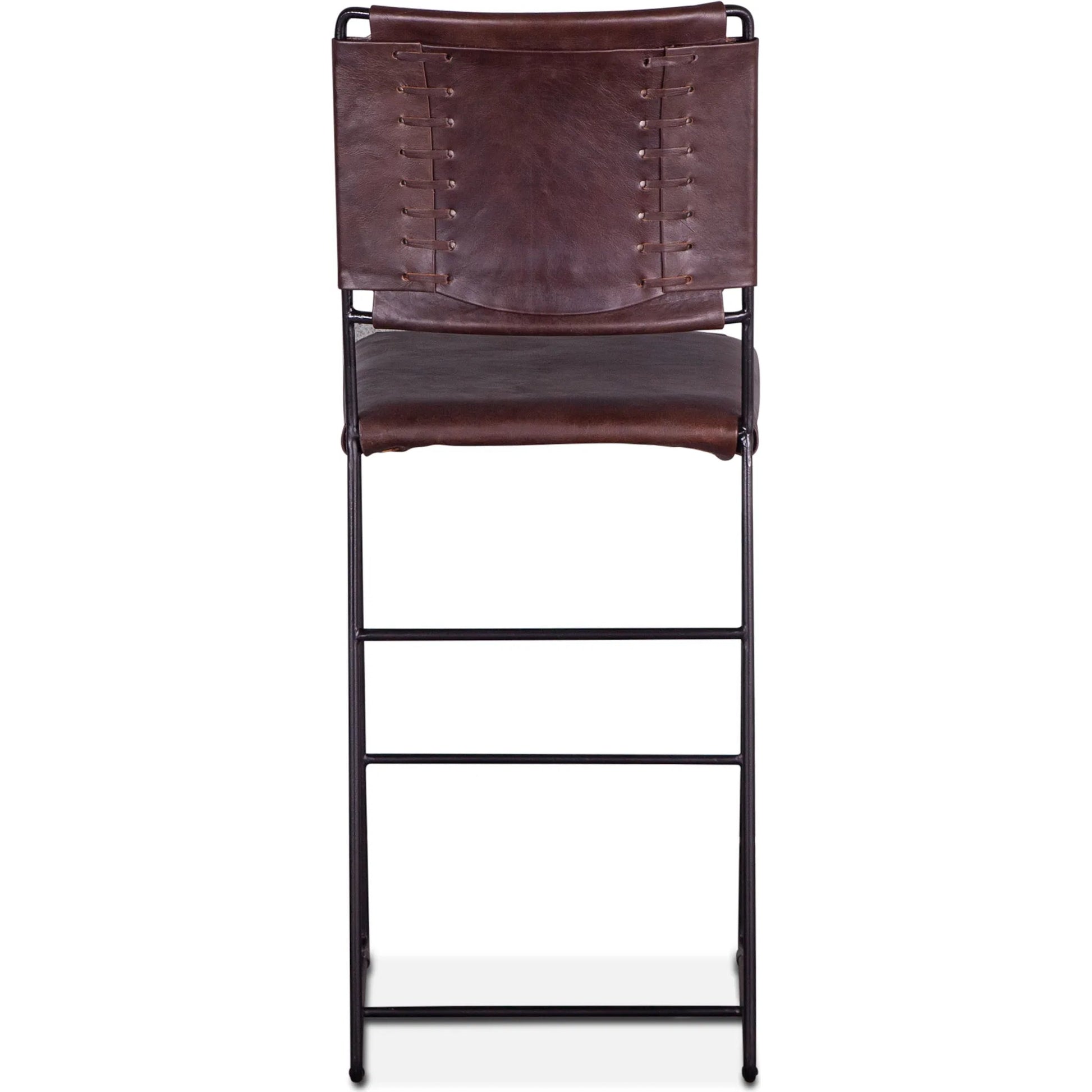 Melbourne Bar + Counter Chair by World Interiors in dark brown and black. Made from reclaimed iron, leather in a modern style.