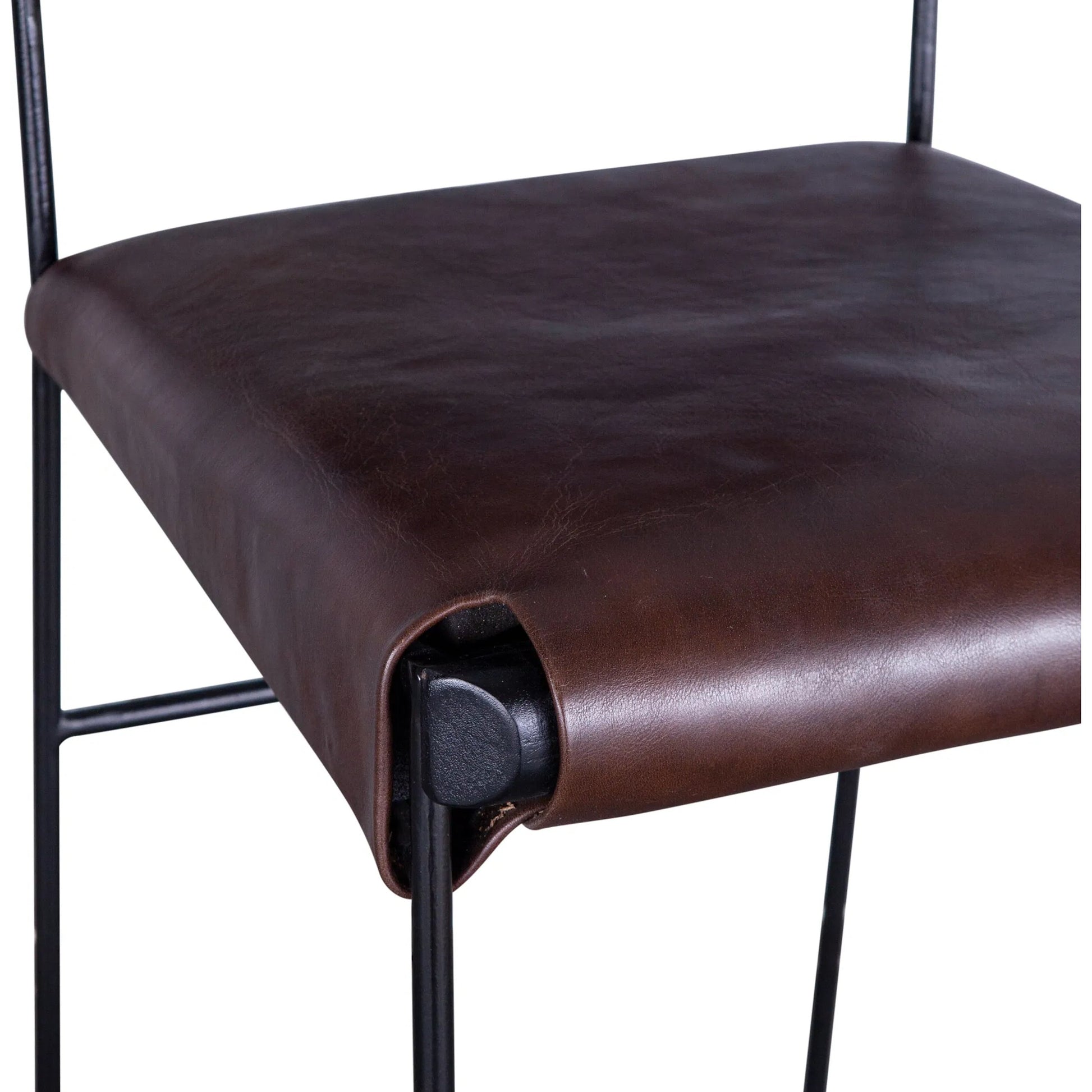 Melbourne Bar + Counter Chair by World Interiors in dark brown and black. Made from reclaimed iron, leather in a modern style.