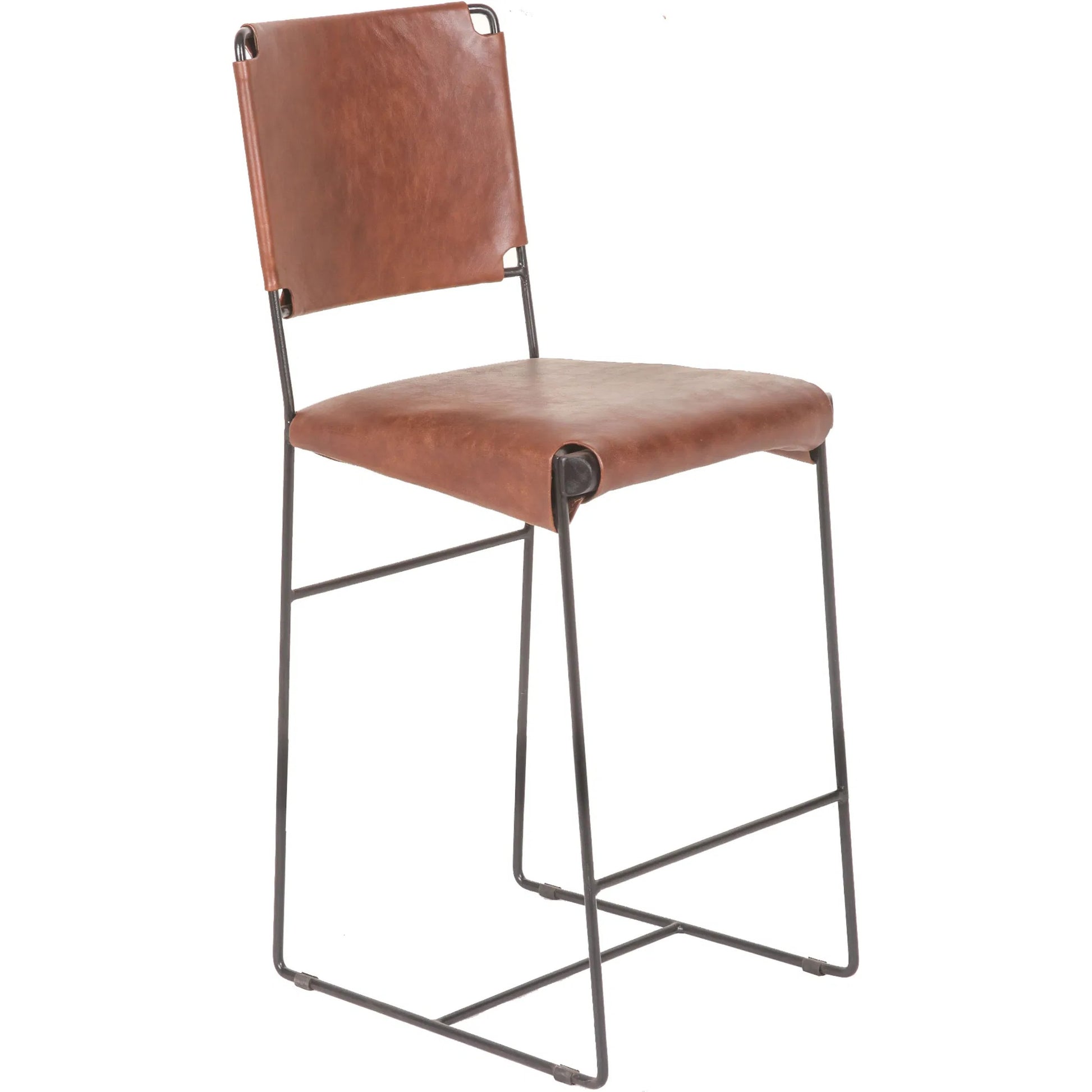 Melbourne Tobacco Counter Chair by World Interiors in tobacco and natural. Made from reclaimed iron, leather in a traditional style.