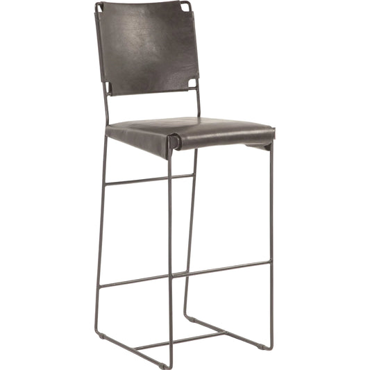 Melbourne Buffalo Gray Counter Chair by World Interiors in gray and powder coated black. Made from reclaimed iron top, top grain leather in a unique style.
