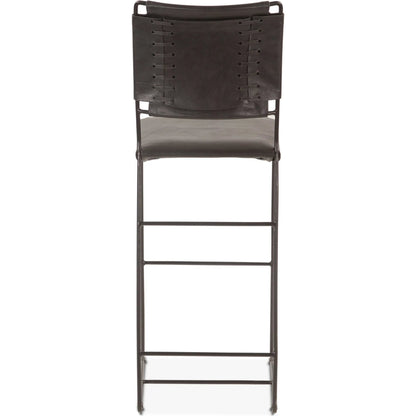 Melbourne Buffalo Gray Counter Chair by World Interiors in gray and powder coated black. Made from reclaimed iron top, top grain leather in a traditional style.