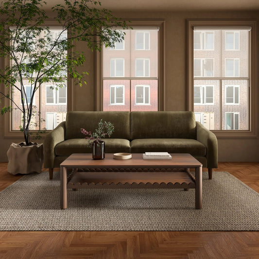 Quinn Sofa by Moe's Home Collection. Made from upholstery: recycled 100% polyester, frame: mdf, plywood, pine, foam, fiber seat, rubberwood legs in a unique style.