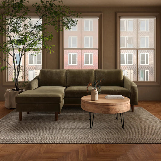 Quinn Sectional Cedar by Moe's Home Collection. Made from upholstery: recycled 100% polyester, frame: mdf, plywood, pine, foam, fiber seat, rubberwood legs in a unique style.