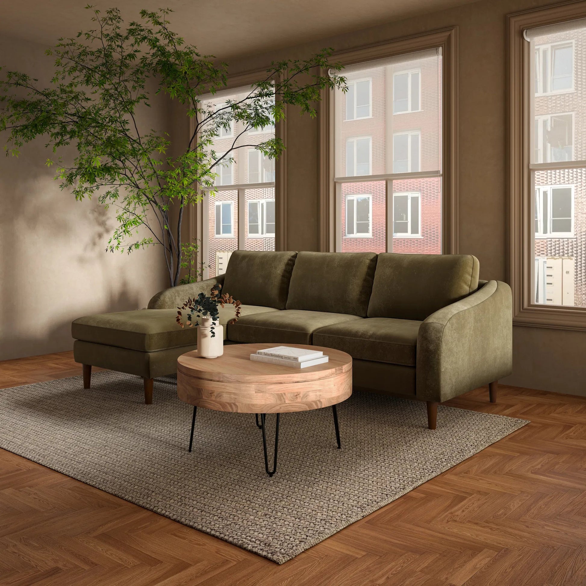 Quinn Sectional Cedar by Moe's Home Collection. Made from upholstery: recycled 100% polyester, frame: mdf, plywood, pine, foam, fiber seat, rubberwood legs in a eclectic & global style.