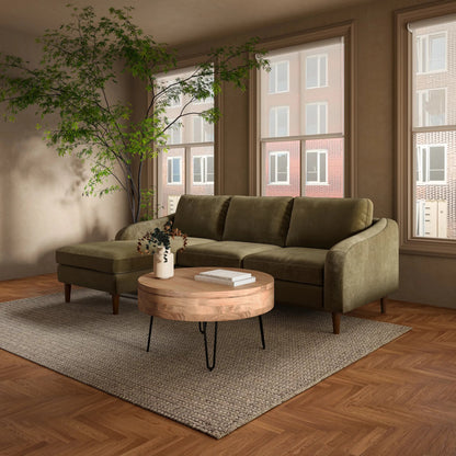 Quinn Sectional Cedar by Moe's Home Collection. Made from upholstery: recycled 100% polyester, frame: mdf, plywood, pine, foam, fiber seat, rubberwood legs in a eclectic & global style.