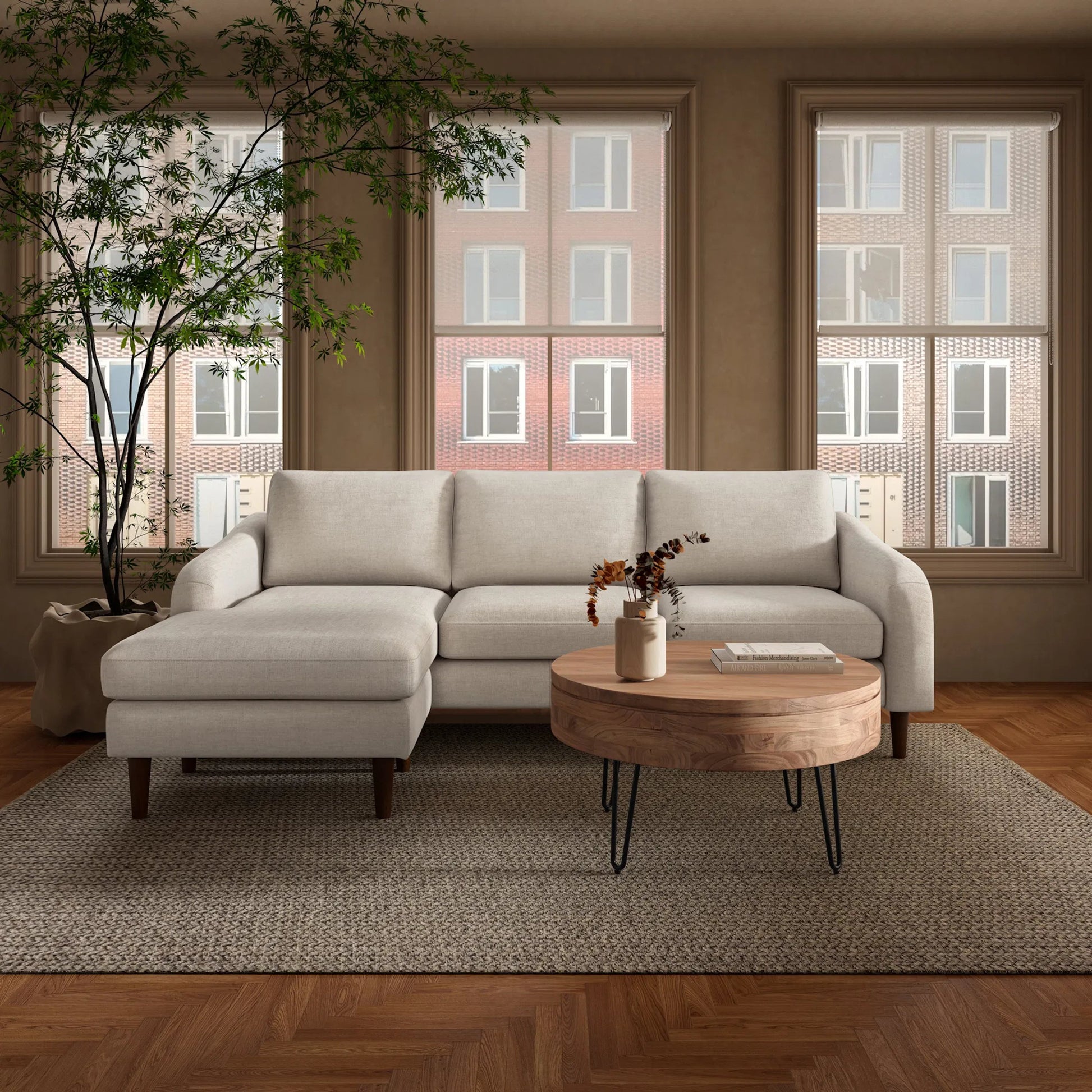 Quinn Sectional Cedar by Moe's Home Collection. Made from upholstery: recycled 100% polyester, frame: mdf, plywood, pine, foam, fiber seat, rubberwood legs in a eclectic & global style.