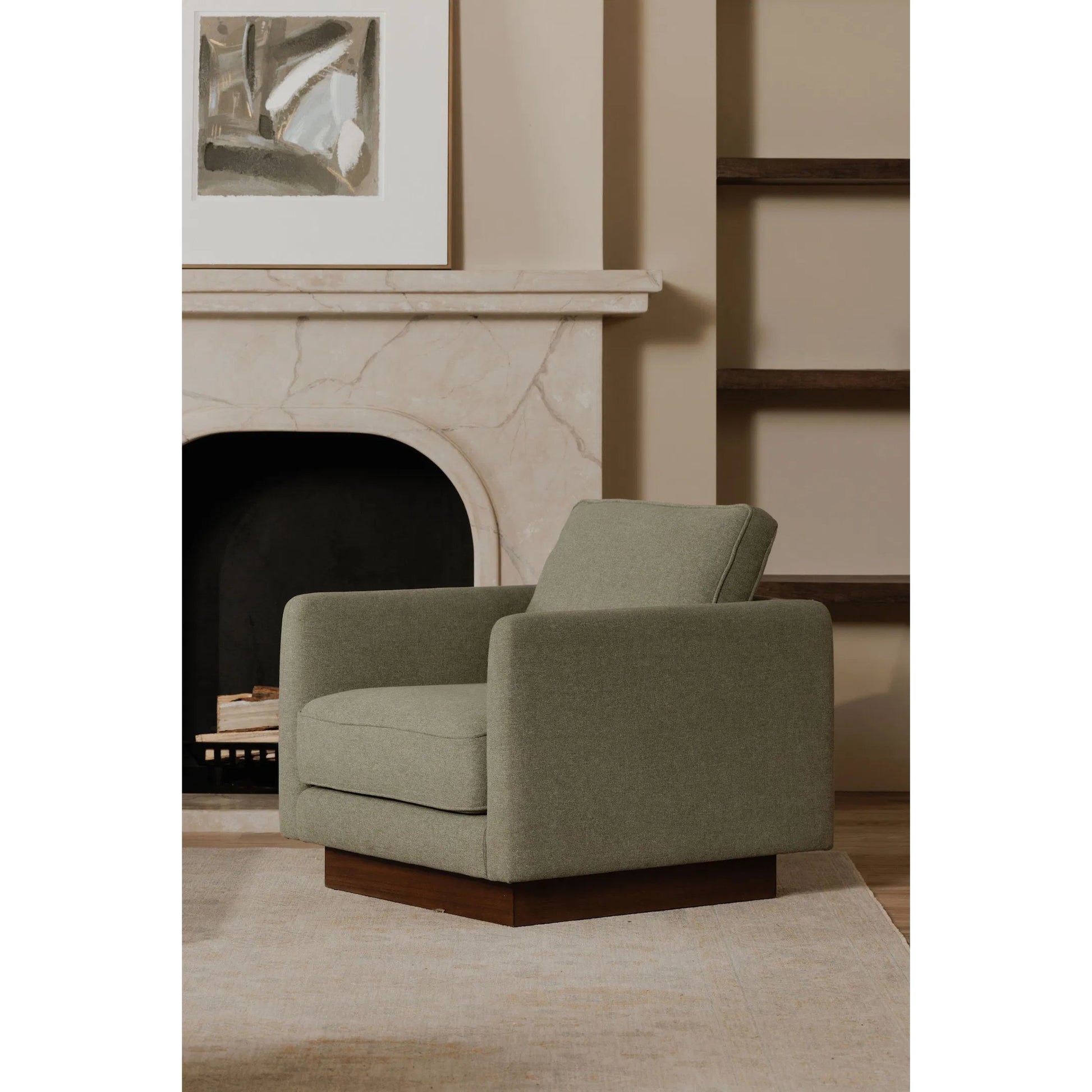 Vernon Accent Chair by Moe's Home Collection. Made from upholstery: 100% polyester, walnut tone veneer base, solid beech, plywood frame, foam, fiber seat in a unique style.