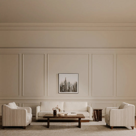 Vernon Sofa by Moe's Home Collection in white. Made from upholstery: 100% polyester, walnut tone veneer base, solid beech, plywood frame, foam, fiber seat in a transitional style.