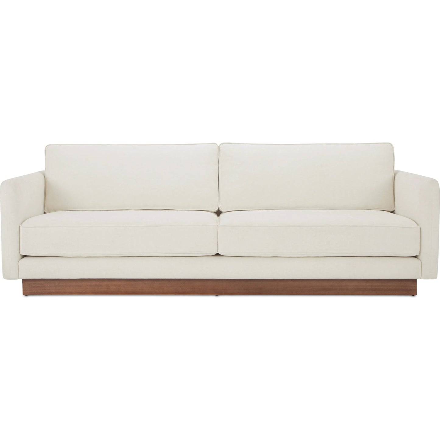 001 SI-2368415 | Primary Silo | Vernon Sofa by Moe's Home Collection in white. Made from upholstery: 100% polyester, walnut tone veneer base, solid beech, plywood frame, foam, fiber seat in a transitional style.