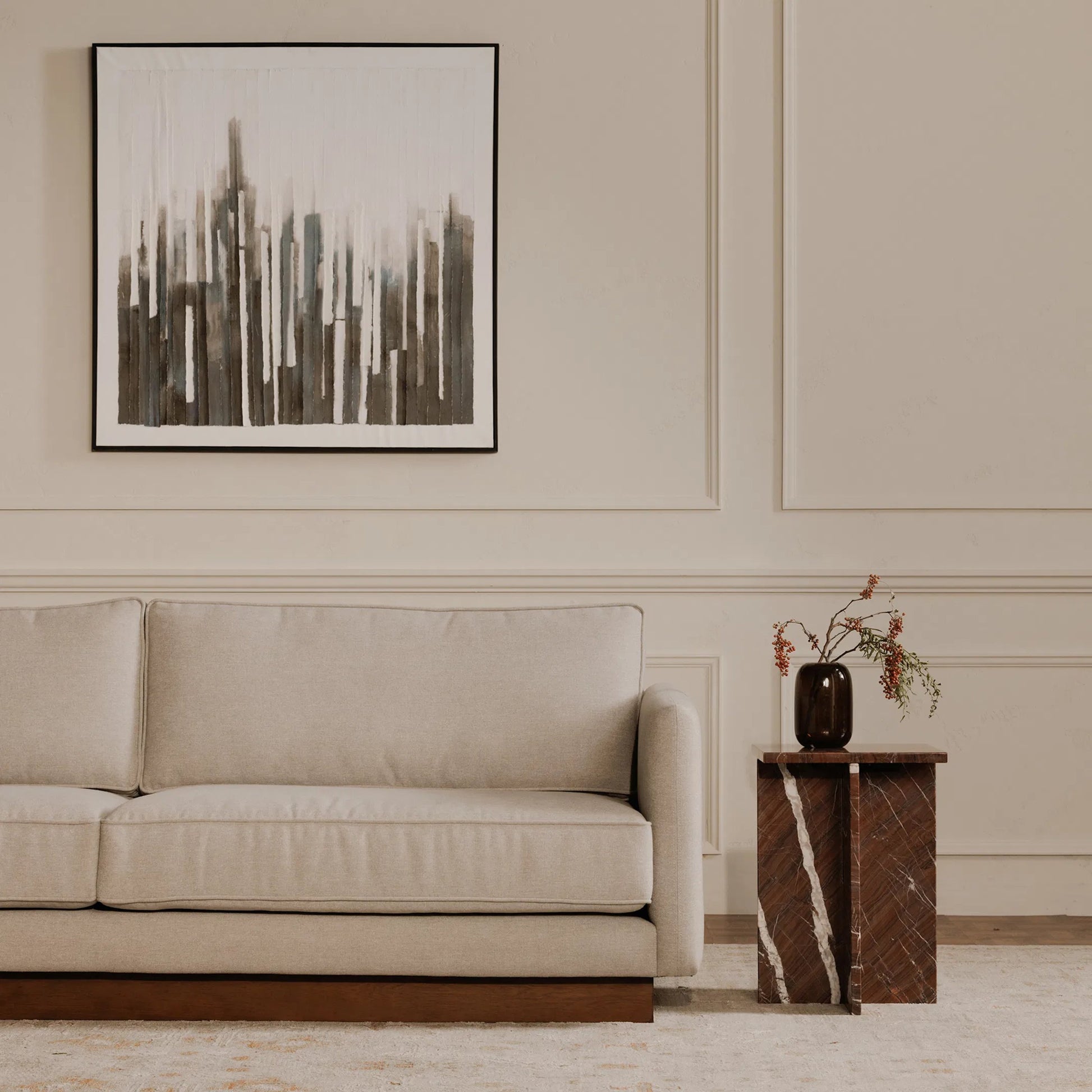 Vernon Sofa by Moe's Home Collection. Made from upholstery: 100% polyester, walnut tone veneer base, solid beech, plywood frame, foam, fiber seat in a unique style.
