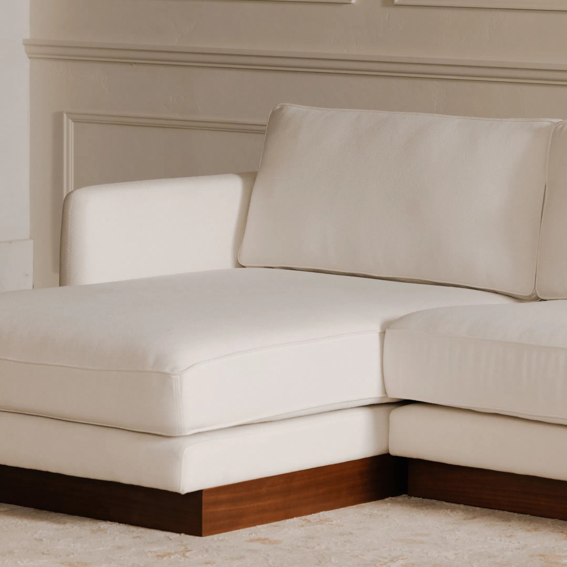 Vernon Sectional by Moe's Home Collection. Made from upholstery: 100% polyester, walnut tone veneer base, solid beech, plywood frame, foam, fiber seat in a unique style.