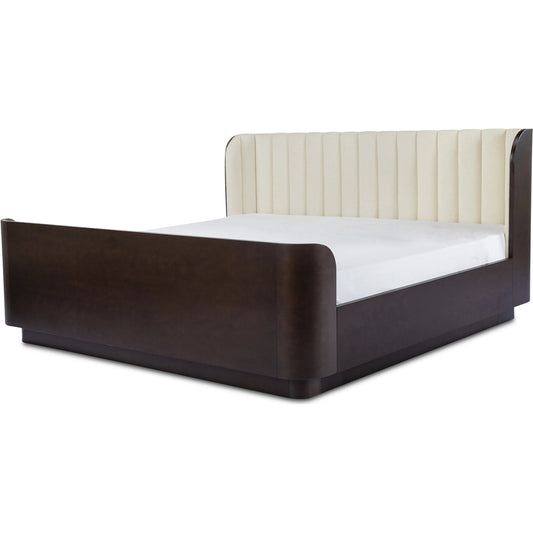 Scarlette Bed by Moe's Home Collection. Made from upholstery: 100% polyester, frame: birch veener pasted over mdf, headboard: foam, rubberwood base in a traditional style.