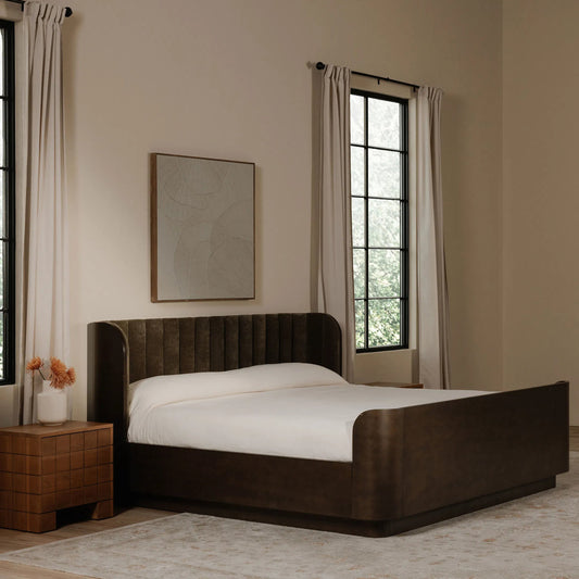 Scarlette Bed by Moe's Home Collection. Made from upholstery: 100% polyester, frame: birch veener pasted over mdf, headboard: foam, rubberwood base in a traditional style.