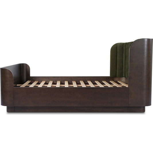 Scarlette Bed by Moe's Home Collection. Made from upholstery: 100% polyester, frame: birch veener pasted over mdf, headboard: foam, rubberwood base in a traditional style.