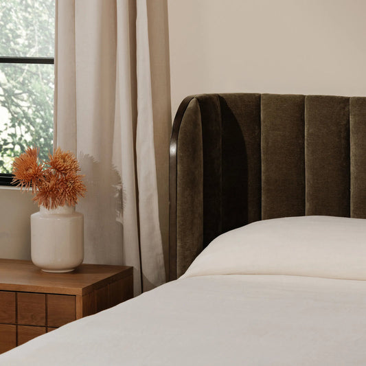 Scarlette Bed by Moe's Home Collection. Made from upholstery: 100% polyester, frame: birch veener pasted over mdf, headboard: foam, rubberwood base in a unique style.
