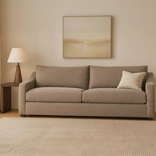 Farrow Sofa by Moe's Home Collection in taupe. Made from 100% polyester, foam, fiber seat, plywood frame in a unique style.